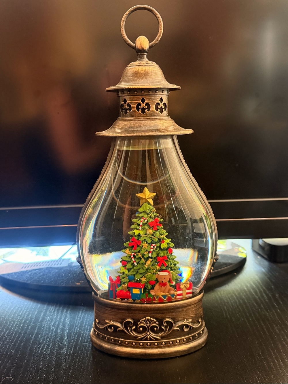 Antique Bronze Holiday Lantern Snow Globe with Christmas Tree